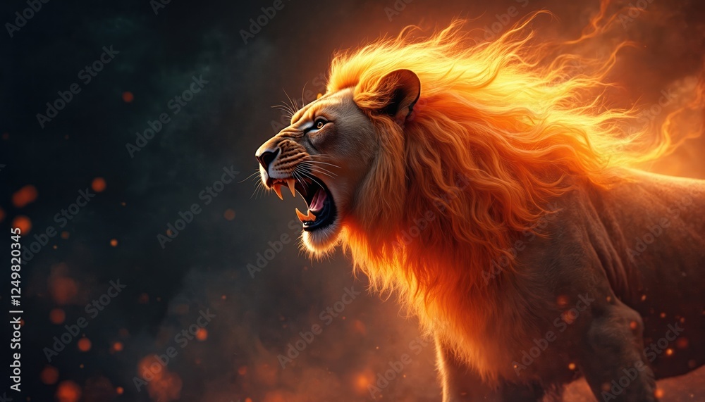 Naklejka premium Majestic lion roars in night. Fiery mane glows. Powerful beast shows strength and dominance in nature. Wild animal symbolizes nature power. Animal is epic and untamed.