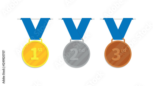 Gold, silver, and bronze medals with blue ribbon. Winner medals concept. Flat style vector illustration