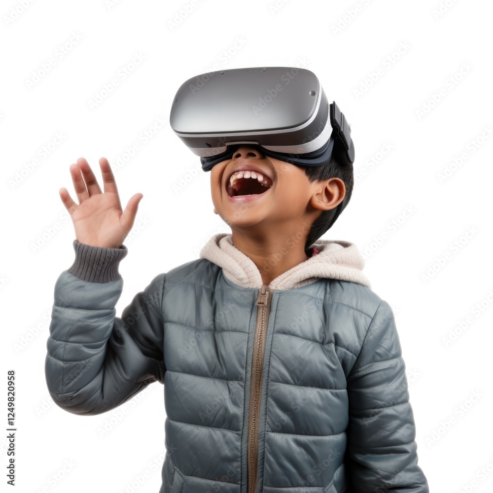 Kid wear visual goggle enjoying virtual reality in white background Kid wear visual goggle enjoying virtual reality in white background