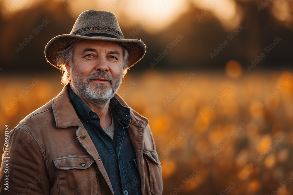 Senior farmer in hat standing in golden field at sunset with warm smile and rustic countryside atmosphere Senior farmer in hat standing in golden field at sunset with warm smile and rustic countryside atmosphere