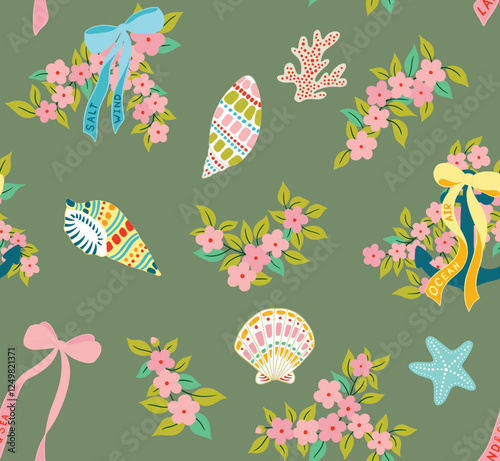 Colorful Tropical Pattern with Flowers and Shells