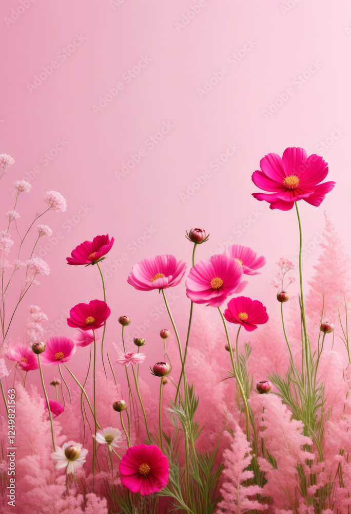 Obraz premium Zarte Wildblumen in Rosa- und Pinktönen, arrangiert vor einem pastellrosa Hintergrund – harmonisch und elegant in der Trendfarbe „Transcendent Pink“. Generative KI.