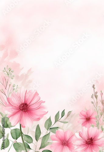 Zarte rosa Blumen mit grünen Blättern, arrangiert auf einem sanften pastellrosa Hintergrund – romantisch, leicht und naturverbunden. Generative KI.