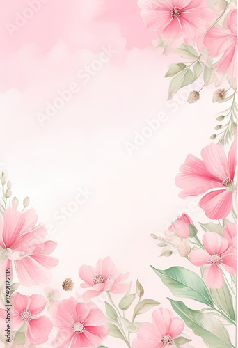Zarte rosa Blumen mit grünen Blättern, arrangiert auf einem sanften pastellrosa Hintergrund – romantisch, leicht und naturverbunden. Generative KI.