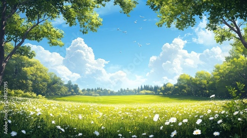 Serene Meadow of Daisies under a Blue Sky with Gentle Clouds