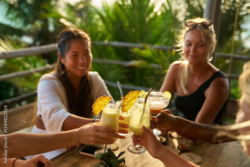 custom made wallpaper toronto digitalDiverse group of women at tropical restaurant toast with cocktails. Celebration. Vacation mood. Fun bachelorette party on travel. Laughter in paradise. Enjoying sun vibes together. Happy moments.