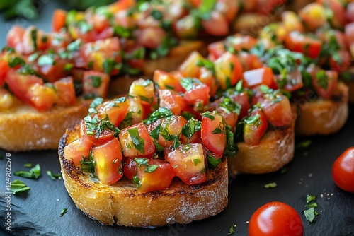 Overhead view of bruschetta diced tomatoes basil and olive oil on toasted bread slices arranged on a slate platter with scattered cherry tomatoes
