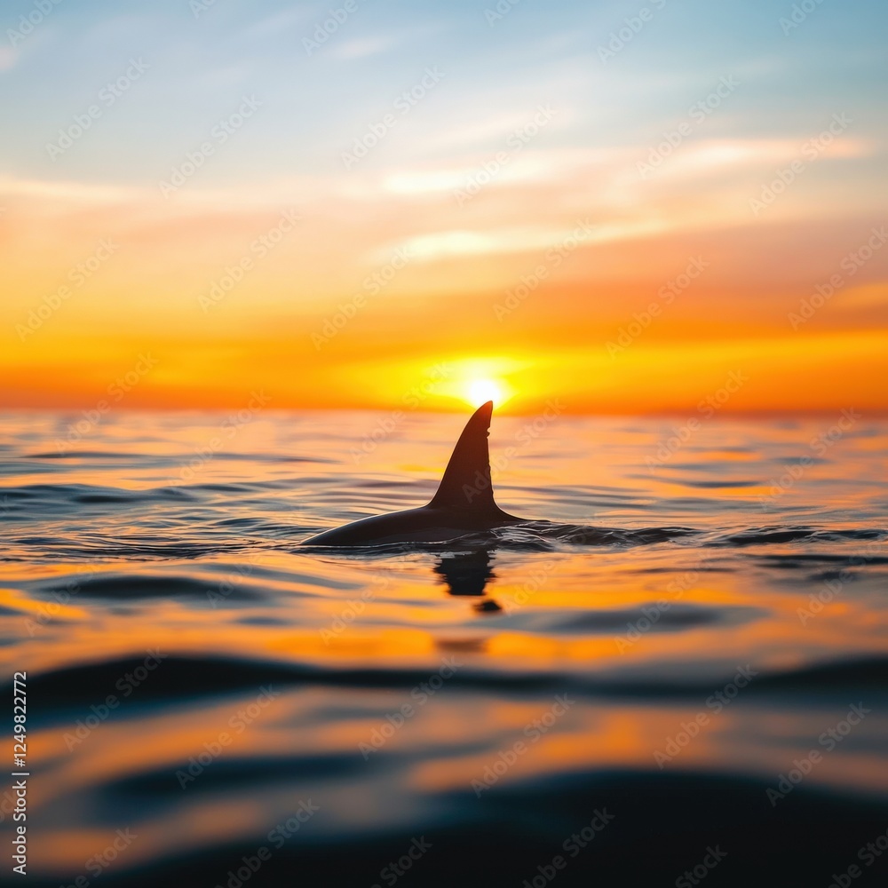 Fototapeta premium Shark tail breaking through the surface of the water at sunrise