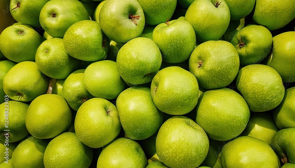 Fresh green apples stacked neatly in a market display during a sunny afternoon Fresh green apples stacked neatly in a market display during a sunny afternoon