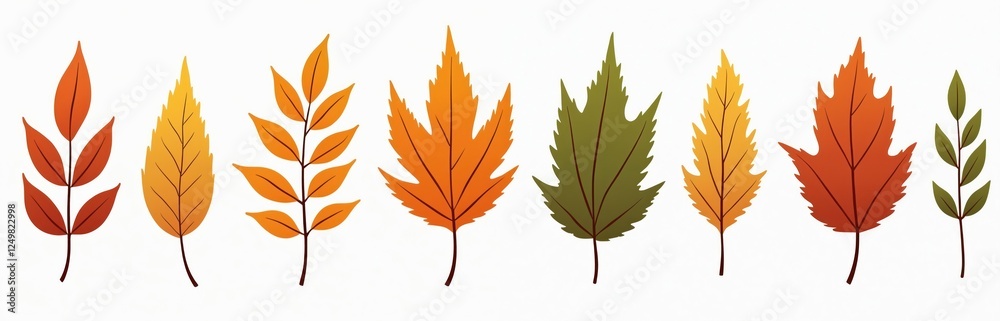 Autumn leaves illustration shows variety of autumn leaf shapes, colors. Simple hand drawn leaves isolated. Design suitable for posters print projects. Ideal for autumn themed projects. Colorful Autumn leaves illustration shows variety of autumn leaf shapes, colors. Simple hand drawn leaves isolated. Design suitable for posters print projects. Ideal for autumn themed projects. Colorful