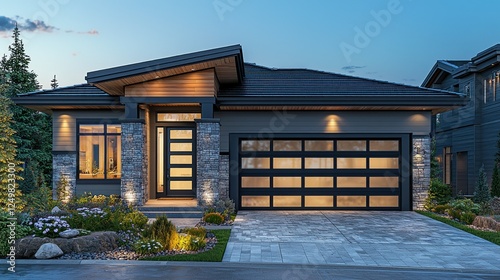 Modern home exterior at twilight, landscaped yard, neighboring homes visible.  Possible use Real estate advertisement photo