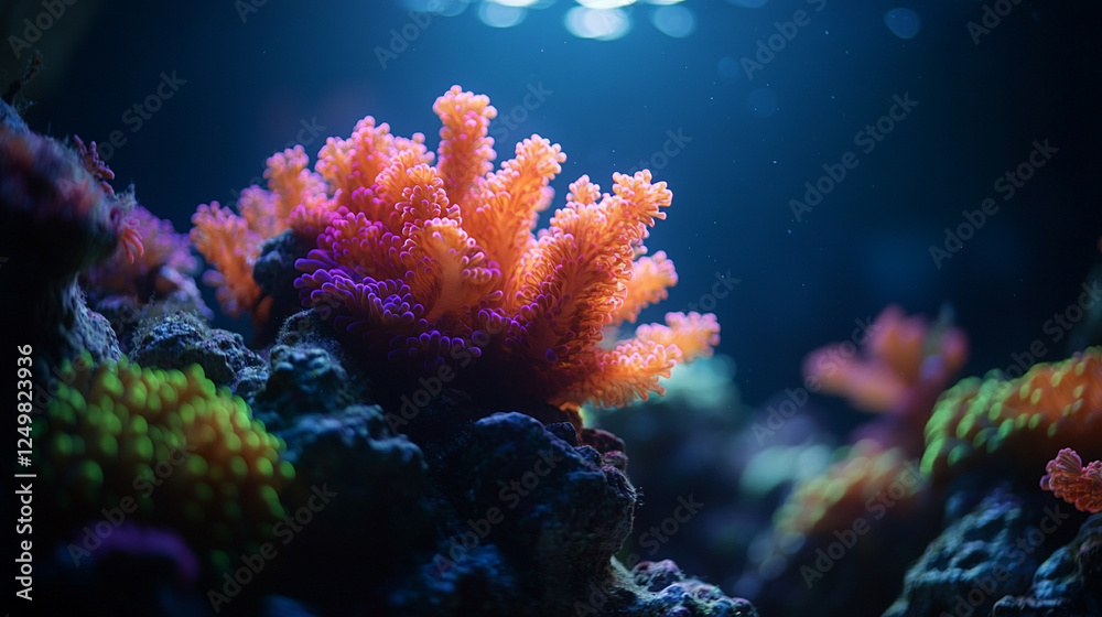 Fototapeta premium vibrant coral reef illuminated by sunlight, showcasing diverse marine life in clear blue water. The underwater scene has a bright tone with blurred space for captioning