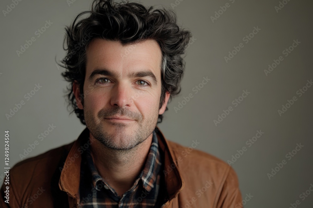 Obraz premium Confident Man with Curly Hair in Casual Attire Against a Neutral Background