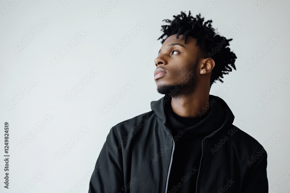 Contemplative Young Man in Stylish Black Attire Against a Minimalist Background Contemplative Young Man in Stylish Black Attire Against a Minimalist Background