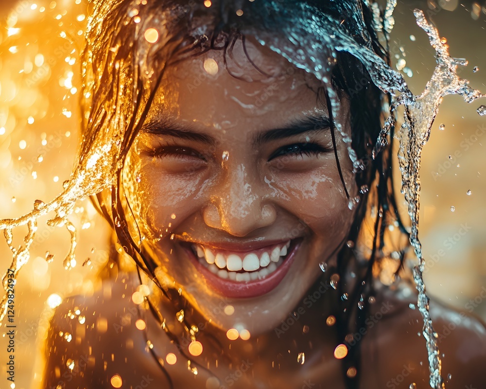A joyful girl laughing while water splashes around her, capturing the essence of happiness and carefree summer days. The sunlight creates a magical glow enhancing the moment. A joyful girl laughing while water splashes around her, capturing the essence of happiness and carefree summer days. The sunlight creates a magical glow enhancing the moment.