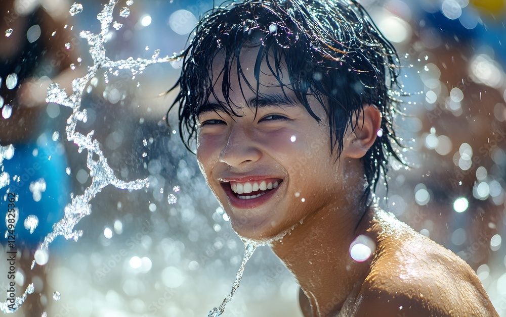 Obraz premium A joyful young man enjoying a sunny day at the beach, splashing in water with a bright smile. The scene radiates happiness, warmth, and the carefree essence of summer fun.