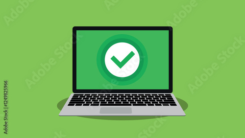 Laptop with check mark on screen. information recieved. Notification successful. Flat style vector illustration