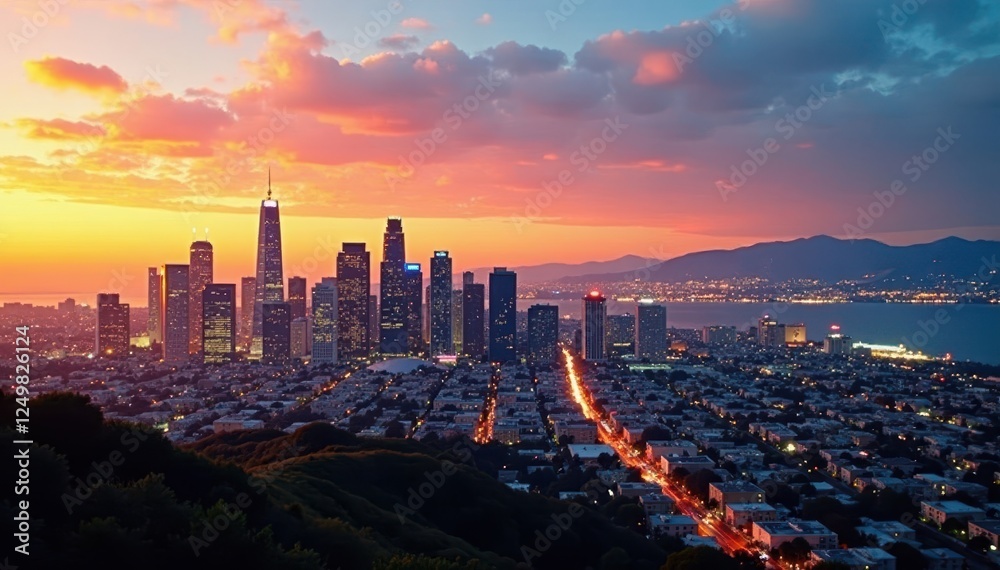 Fototapeta premium Golden hour illuminates LA skyscrapers, Pacific Ocean view , sky, cityscape, night