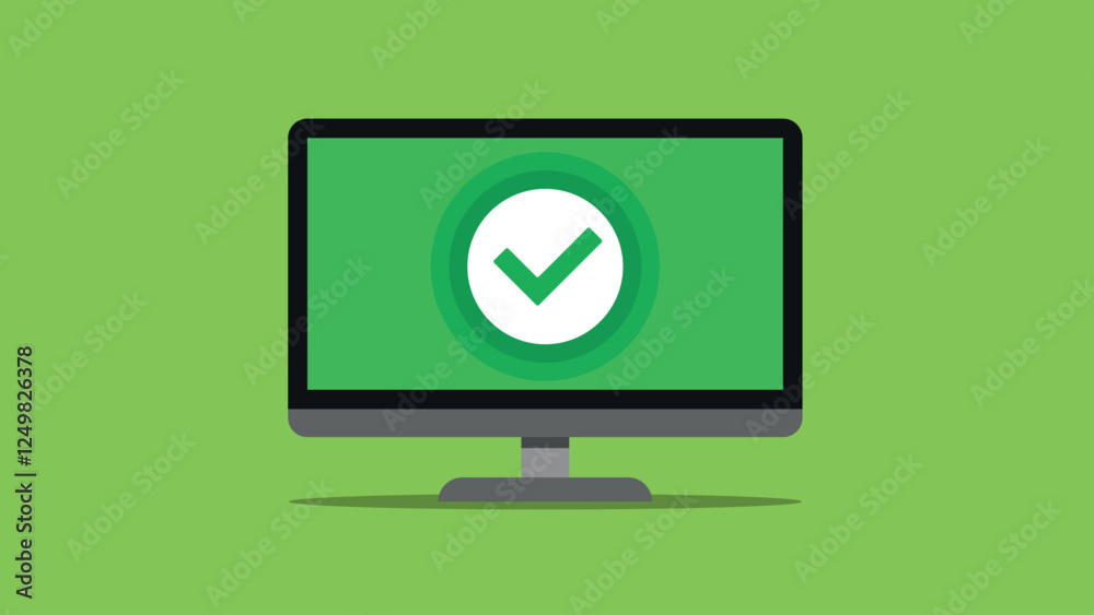 Desktop with check mark on screen. information recieved. Notification successful. Flat style vector illustration Desktop with check mark on screen. information recieved. Notification successful. Flat style vector illustration