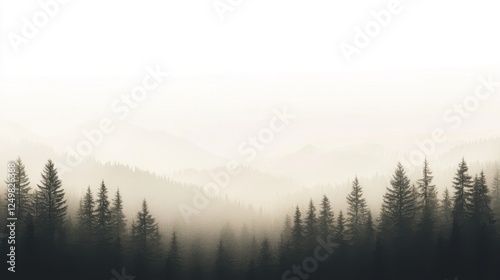 Misty mountain forest landscape; serene nature scene