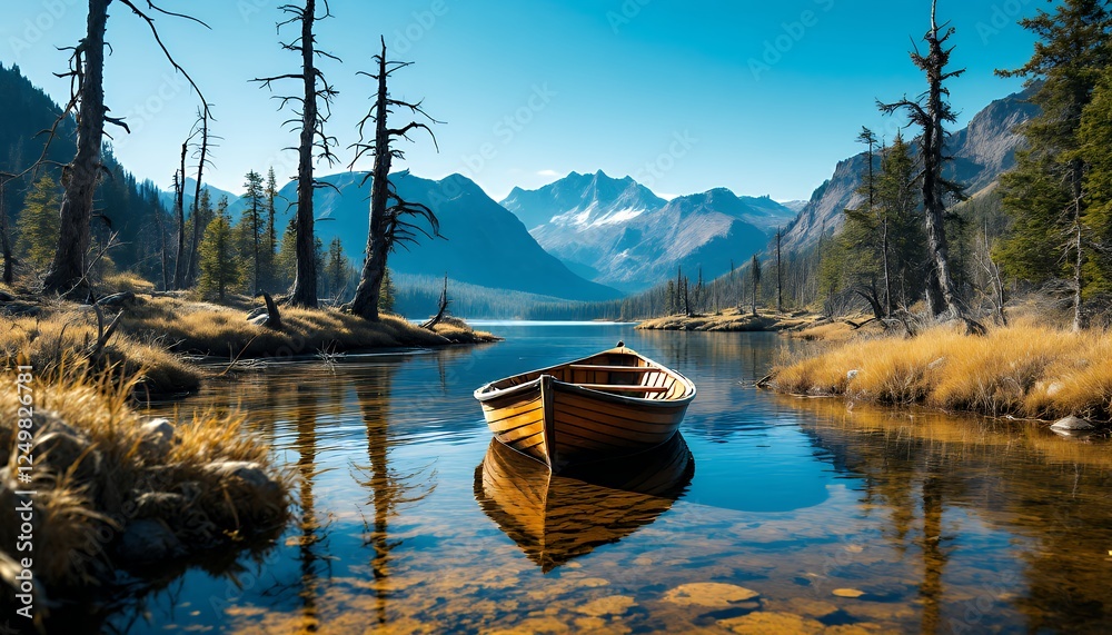 Obraz premium Wooden Boat on Clear Lake Reflecting Mountains Under Blue Sky