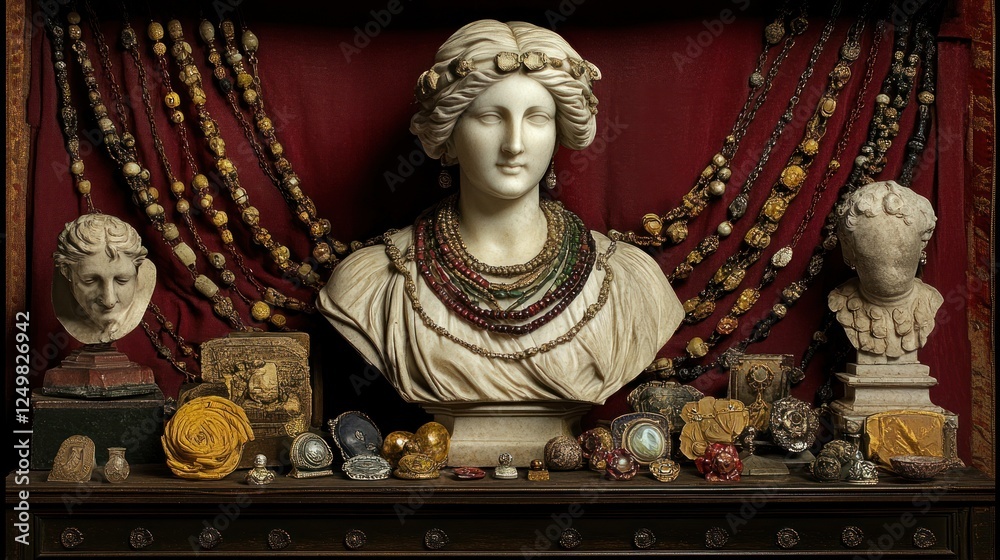 Fototapeta premium Elegant Still Life: Antique Bust Adorned with Jewels and Ancient Artifacts