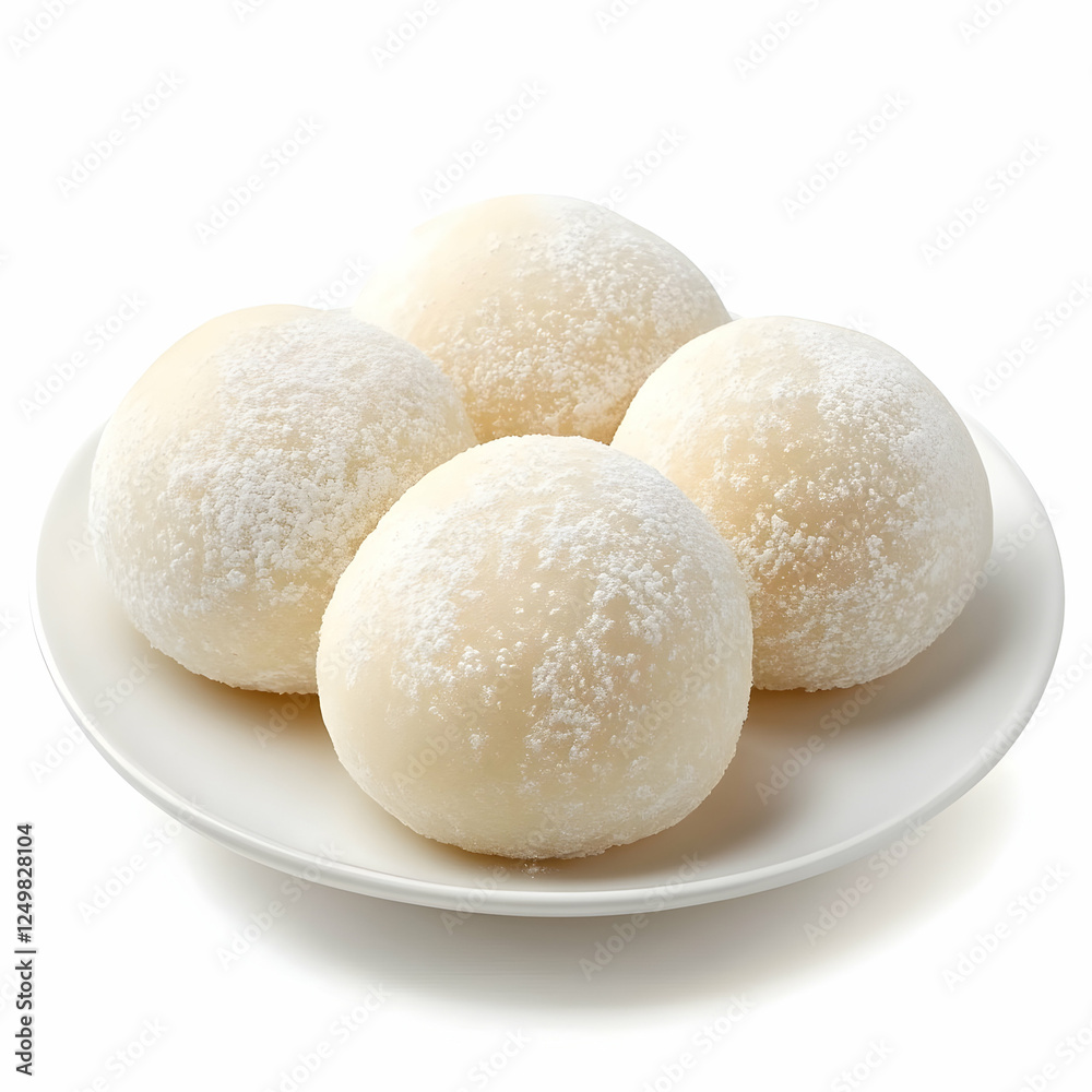 Sweet mochi balls on plate, white background, food photography, recipe Sweet mochi balls on plate, white background, food photography, recipe