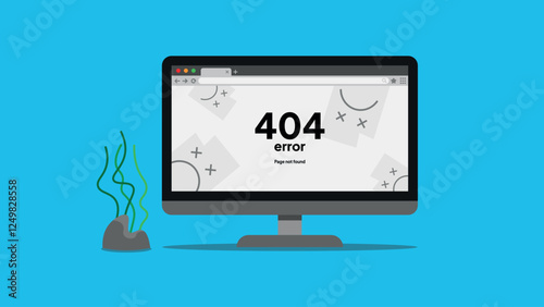 404 error page not found notification. Desktop with trouble page on the web screen. Flat Style vector illustration