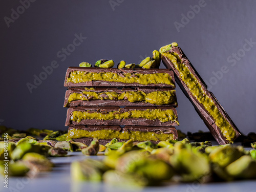 Photography Viral and trending! Luxury Dubai chocolate stacked elegantly, with one row leaning, surrounded by vibrant green pistachios