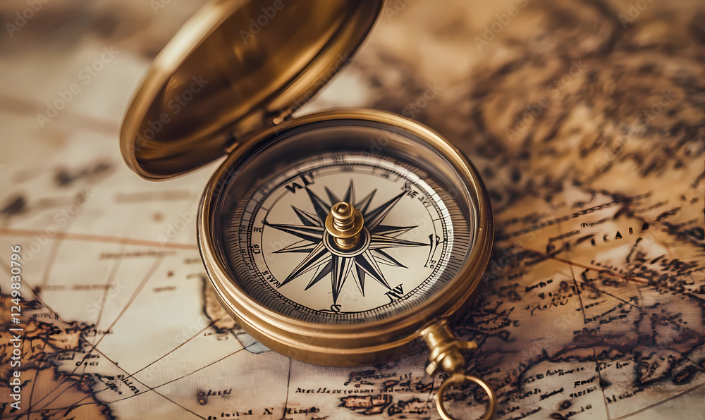 Bronze compass spinning on a nautical map, adding a touch of adventure and navigation in a vintage nautical setting Bronze compass spinning on a nautical map, adding a touch of adventure and navigation in a vintage nautical setting