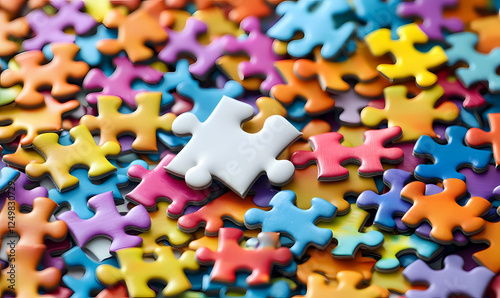 Scattered puzzle with one white piece among vibrant colors, symbolizing challenge, patience, and problem-solving photo