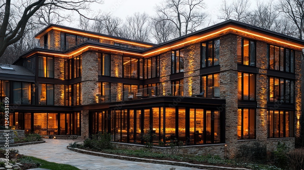 Obraz premium Modern stone house at dusk, lit by warm exterior lighting, with landscaped grounds