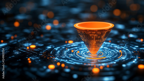 Digital diagram and planet hologram representing futuristic fintech concepts, bright modern design, chaos, and innovation. Blank space on the side for text or caption