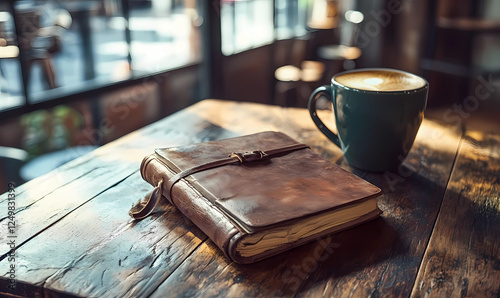 Leather-bound journal splayed on a café table, adding a touch of sophistication and warmth for creative or travel settings