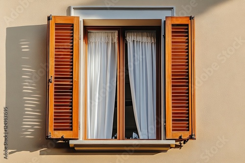 Brown shutters adorn an old window made of stone and wood
