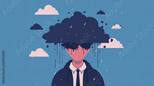Illustration of man under rain cloud symbolizing depression and emotional heaviness