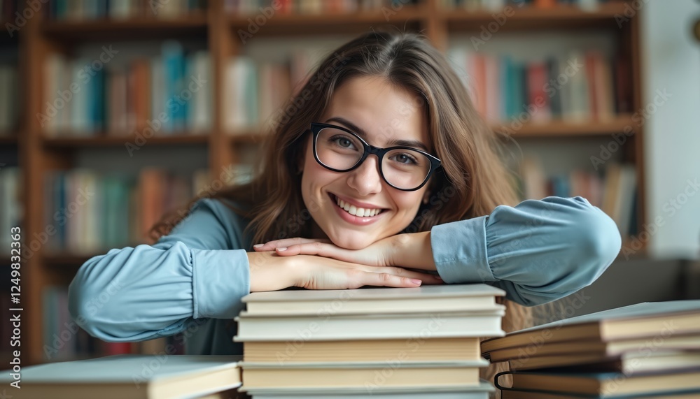 Happy young woman in library. Smiling student rests head on stack books. Focused, studious. Indoor setting. Casual attire. Looks cheerful, engaged in study. Creative, intelligent. Good student. Happy young woman in library. Smiling student rests head on stack books. Focused, studious. Indoor setting. Casual attire. Looks cheerful, engaged in study. Creative, intelligent. Good student.