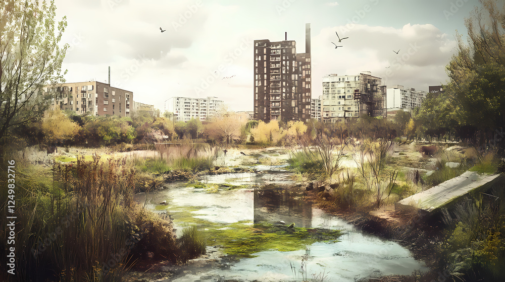 Nature reclaims the city in an urban stream restoration project. Nature Reclaiming Cities. Illustration Nature reclaims the city in an urban stream restoration project. Nature Reclaiming Cities. Illustration