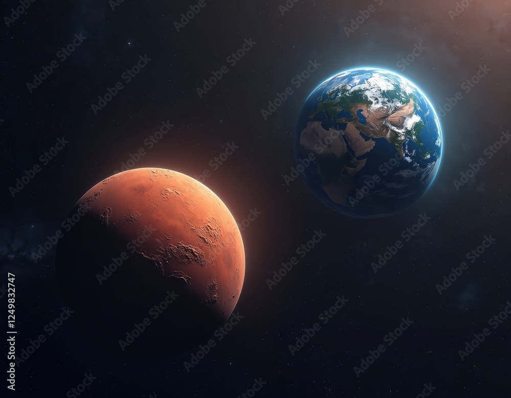Space view of Mars, Earth. Detailed surface features, craters on Mars. Earth detailed globe in deep space, with atmosphere, continents clearly visible. Planets in distant orbits in dark universe. Space view of Mars, Earth. Detailed surface features, craters on Mars. Earth detailed globe in deep space, with atmosphere, continents clearly visible. Planets in distant orbits in dark universe.
