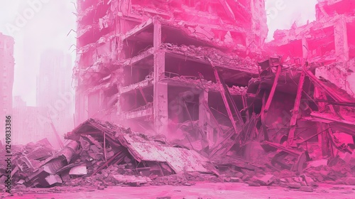 Abstract ruin of a large building with tangled metal reinforcements, debris on white, surrounded by a bright pink glow, impressionistic style, soft lighting photo