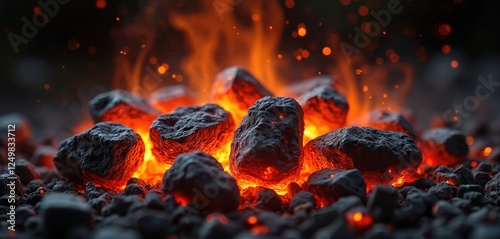 Fototapeta Naklejka Na Ścianę i Meble -  Hot coals burn brightly in a fire. Charcoal glows intensely. Burning wood adds to the heat and flames. Sparks fly upward. A barbecue pit or fireplace could be the setting.