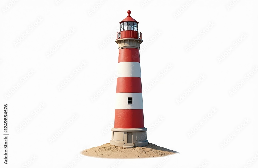 Red, white striped lighthouse stands tall on sandy coastal area. Isolated landmark on transparent background. Historical structure. Lighthouse light for navigation, warning. Tourist photo stock. Red, white striped lighthouse stands tall on sandy coastal area. Isolated landmark on transparent background. Historical structure. Lighthouse light for navigation, warning. Tourist photo stock.