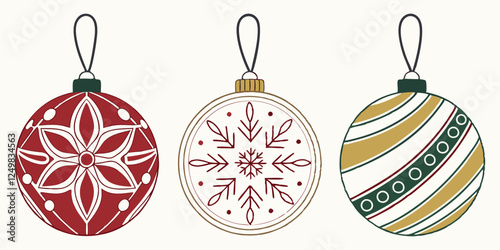 three different isolated Christmas balls as vector graphic – festive, detailed illustration on a white background