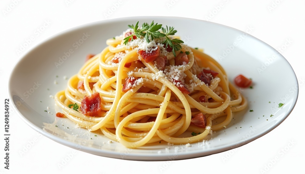 Appetizing plate of creamy pasta with bacon and parmesan cheese. Delicious spaghetti carbonara. Italian food. Dish is ready to eat. White plate. Perfect for lunch or dinner. Savory and tasty meal. Appetizing plate of creamy pasta with bacon and parmesan cheese. Delicious spaghetti carbonara. Italian food. Dish is ready to eat. White plate. Perfect for lunch or dinner. Savory and tasty meal.
