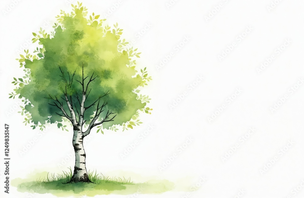 Cute birch tree illustration. Minimalist design. Hand-painted watercolor style. Vibrant fresh green leaves. Simple, charming. Lovely, peaceful. Ideal for various creative projects like cards prints. Cute birch tree illustration. Minimalist design. Hand-painted watercolor style. Vibrant fresh green leaves. Simple, charming. Lovely, peaceful. Ideal for various creative projects like cards prints.