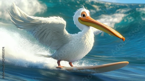 Gentle waves frame a cute cartoon pelican surfing, representing the spirit of travel and rest