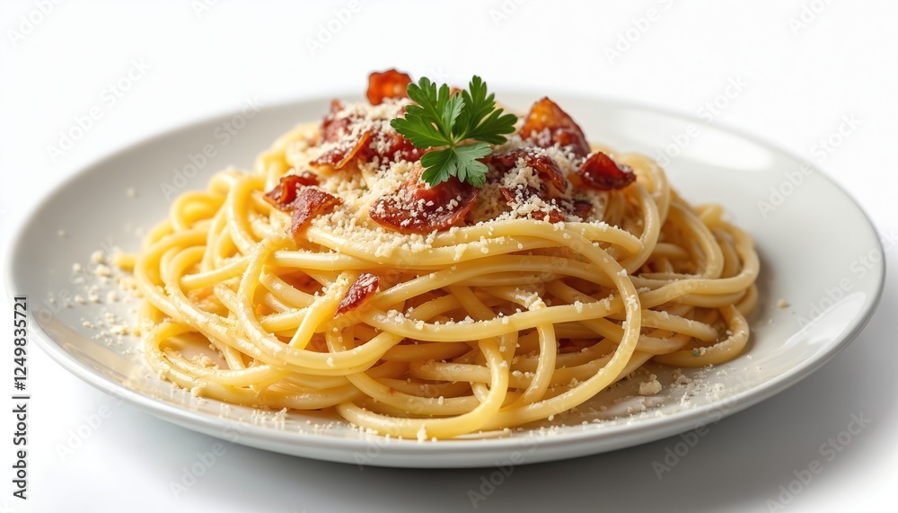 Close-up view of delicious pasta carbonara on white plate. Creamy sauce coats strands of pasta with crispy bacon bits, grated Parmesan cheese. Fresh parsley garnish adds visual appeal. Isolated Close-up view of delicious pasta carbonara on white plate. Creamy sauce coats strands of pasta with crispy bacon bits, grated Parmesan cheese. Fresh parsley garnish adds visual appeal. Isolated