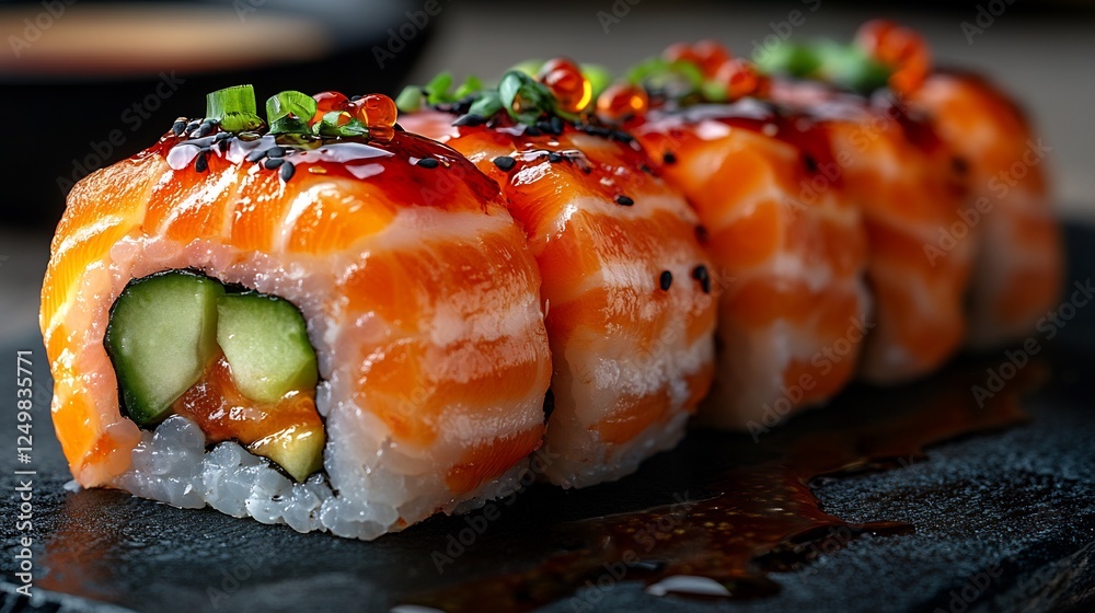 Sushi rolls fresh salmon avocado and cucumber served with soy sauce and wasabi isolated on a plain surface a light and flavorful Japanese meal Sushi rolls fresh salmon avocado and cucumber served with soy sauce and wasabi isolated on a plain surface a light and flavorful Japanese meal