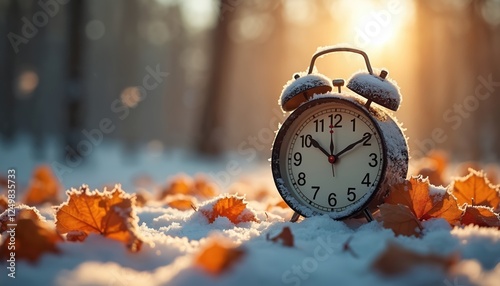 Snowy autumn scene shows frosted clock. Timekeeping concept on snowy ground. Autumn leaves and frost on ground. Winter time change. Falling back to standard time. photo