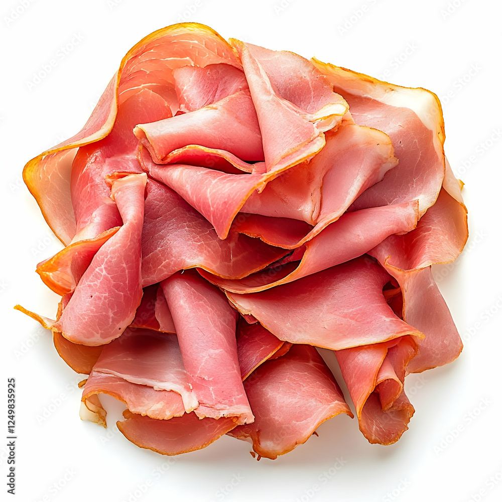 Thinly sliced ham pile, food photography, white background, breakfast Thinly sliced ham pile, food photography, white background, breakfast